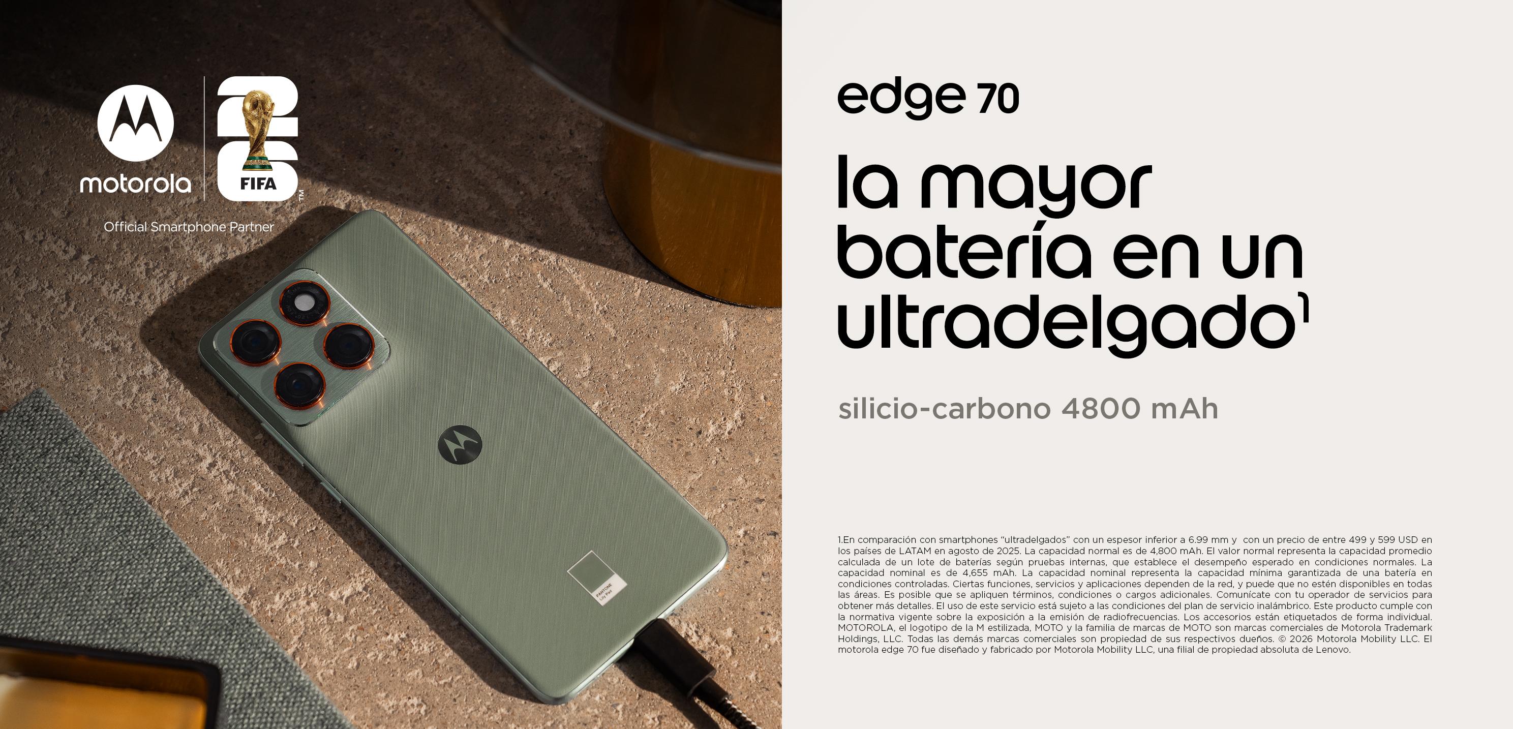 Motorola. FIFA. Official smartphone partner. Edge 70. La mayor batería en un ultradelgado. Pulsa aquí para conocer más.