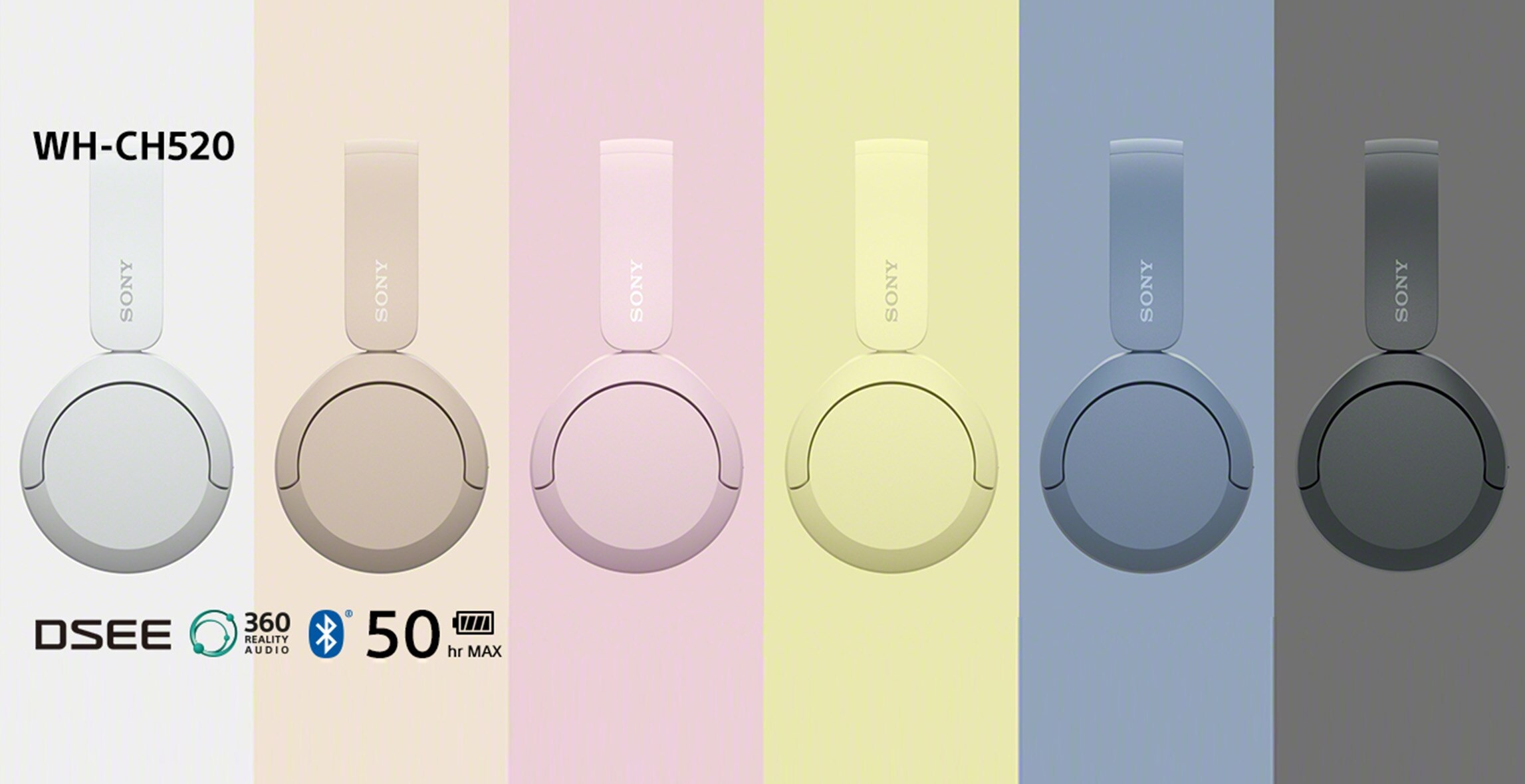 Composición de los audífonos Sony WH-CH520 en diferentes colores. Hasta 50 horas de batería máxima. Pulsa aquí para estrenarlos.