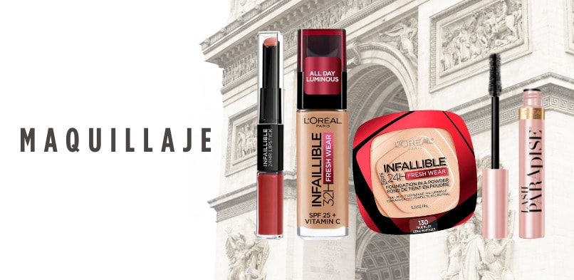 Labial y brillo Infallible 24 hrs lipstick, maquillaje líquido Infallible 32 H L'Oréal, polvo compacto Infallible 24H L'Oréal y mascara para pestañas Lash Paradise L'Oréal. Pulsa aquí para ver maquillaje.