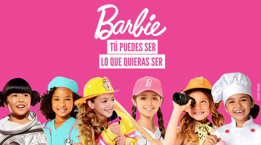 Barbie. Tú puedes ser lo que quieras ser. Composición de: 6 modelos niñas con vestimenta de profesiones; astronauta, médica, bombera, beisbolista, antropóloga, y chef. Pulsa aquí para ver más productos Barbie.