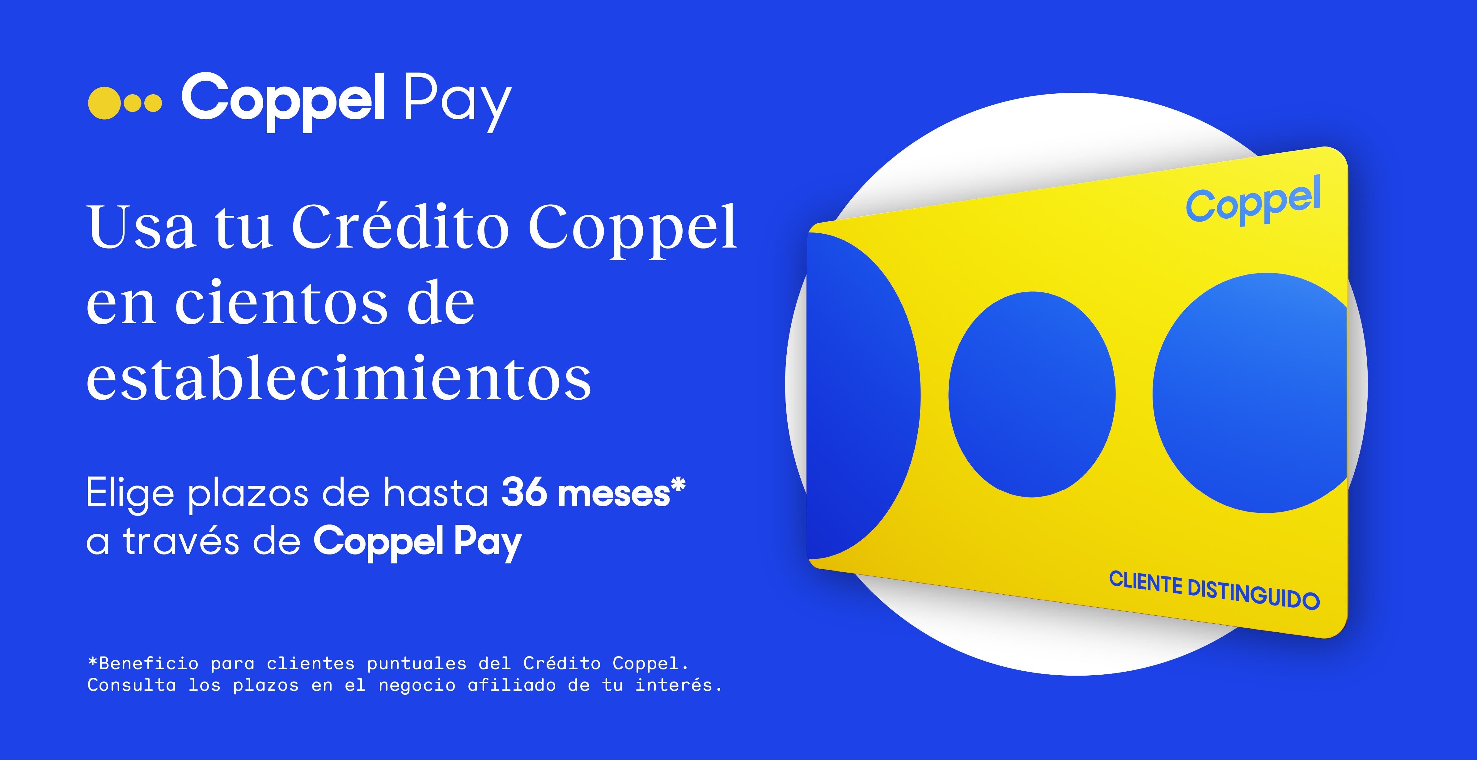 Coppel Pay. Usa tu Crédito Coppel en cientos de establecimientos. Elige plazos de hasta 36 meses a través de Coppel Pay. Beneficio para clientes puntuales del Crédito Coppel. Consulta los plazos en el negocio afiliado de tu interés.