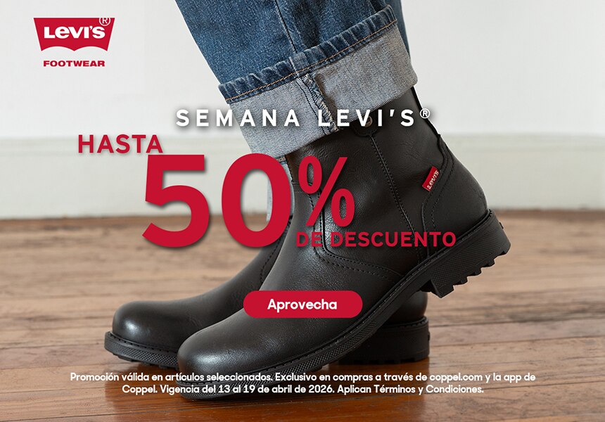 Levi's. Footwear. Semana Levi's. Hasta 50% de descuento en calzado Levi's. Promoción válida en artículos seleccionados. Válido del 13 al 19 de abril 2026. Aplican términos y condiciones. Pulsa aquí para elegir.