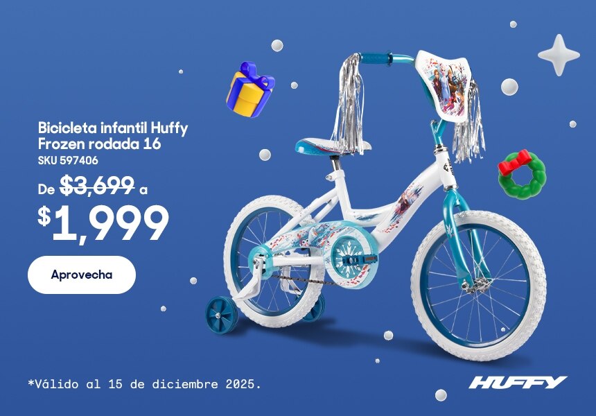 Bicicleta infantil Huffy Frozen rodada 16 con SKU 597406 de 3 mil 699 pesos a mil 999 pesos. Válido al 15 de diciembre 2025. Pulsa aquí para aprovechar.