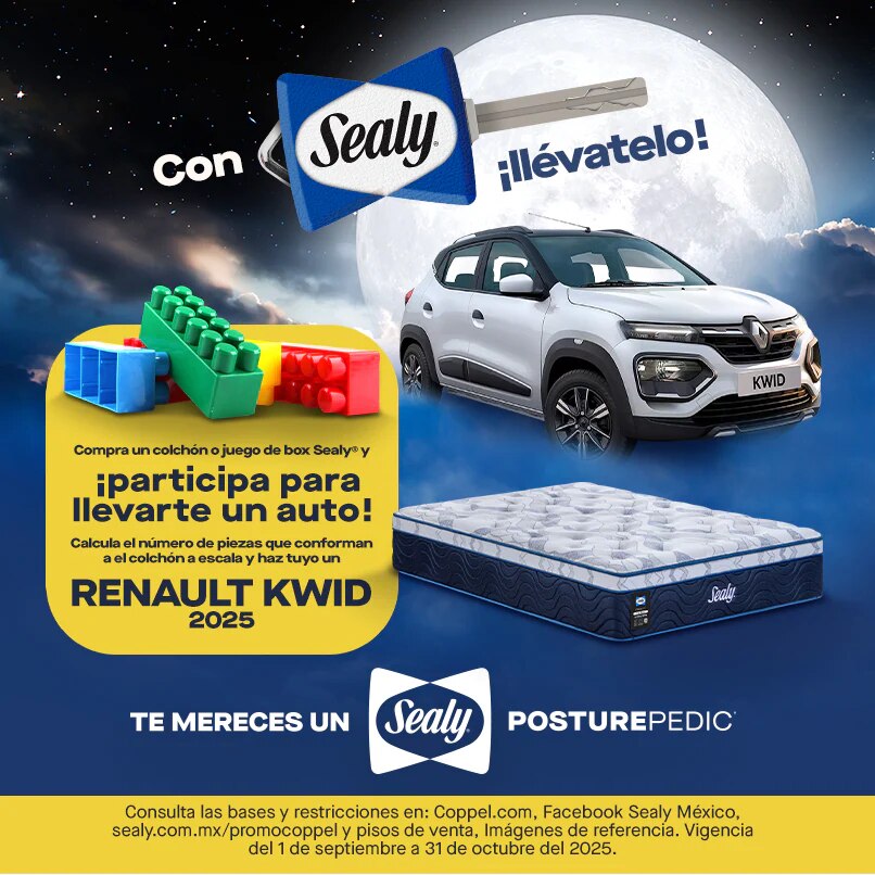 Con Sealy, ¡llévatelo! Compra un colchón o juego de box Sealy y ¡participa para llevarte un auto! Calcula el número de piezas que conforman el colchón a escala y haz tuyo un Renault Kwid 2025. Consulta las bases y restricciones en Coppel.com, Facebook Sealy México, sealy.com.mx/promocoppel y pisos de venta. Vigencia del 1 de septiembre al 31 de octubre 2025. Pulsa aquí para comprar y participar.