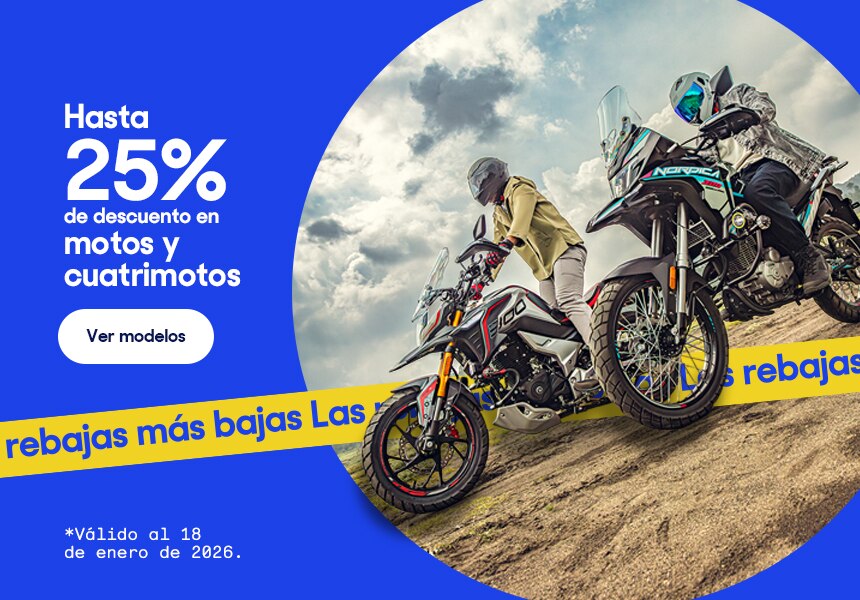 Hasta 25% de descuento en motos y cuatrimotos. Válido al 18 de enero de 2026. Pulsa aquí para elegir.