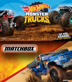 Hot Wheels. Monster trucks. ¡Es más grande, es Hot wheels! Matchbox. Composición de vehículos animados de Monster truck en color rojo y azul.  Vehículo animado Matchbox en color azul. Pulsa aquí para ver más vehículos Monster trucks y Matchbox.