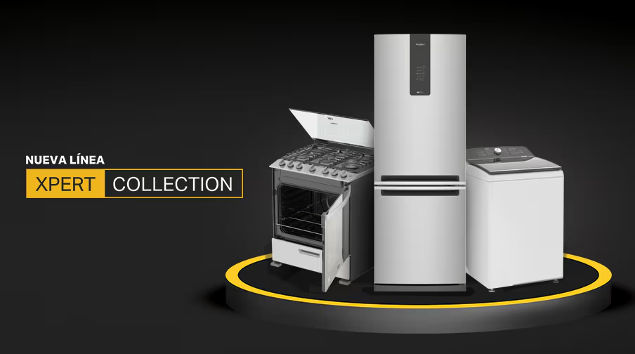 Nueva línea Xpert Collection. Composición de estufa, refrigerador y lavadora Whirlpool. Pulsa auqi para ver colección.
