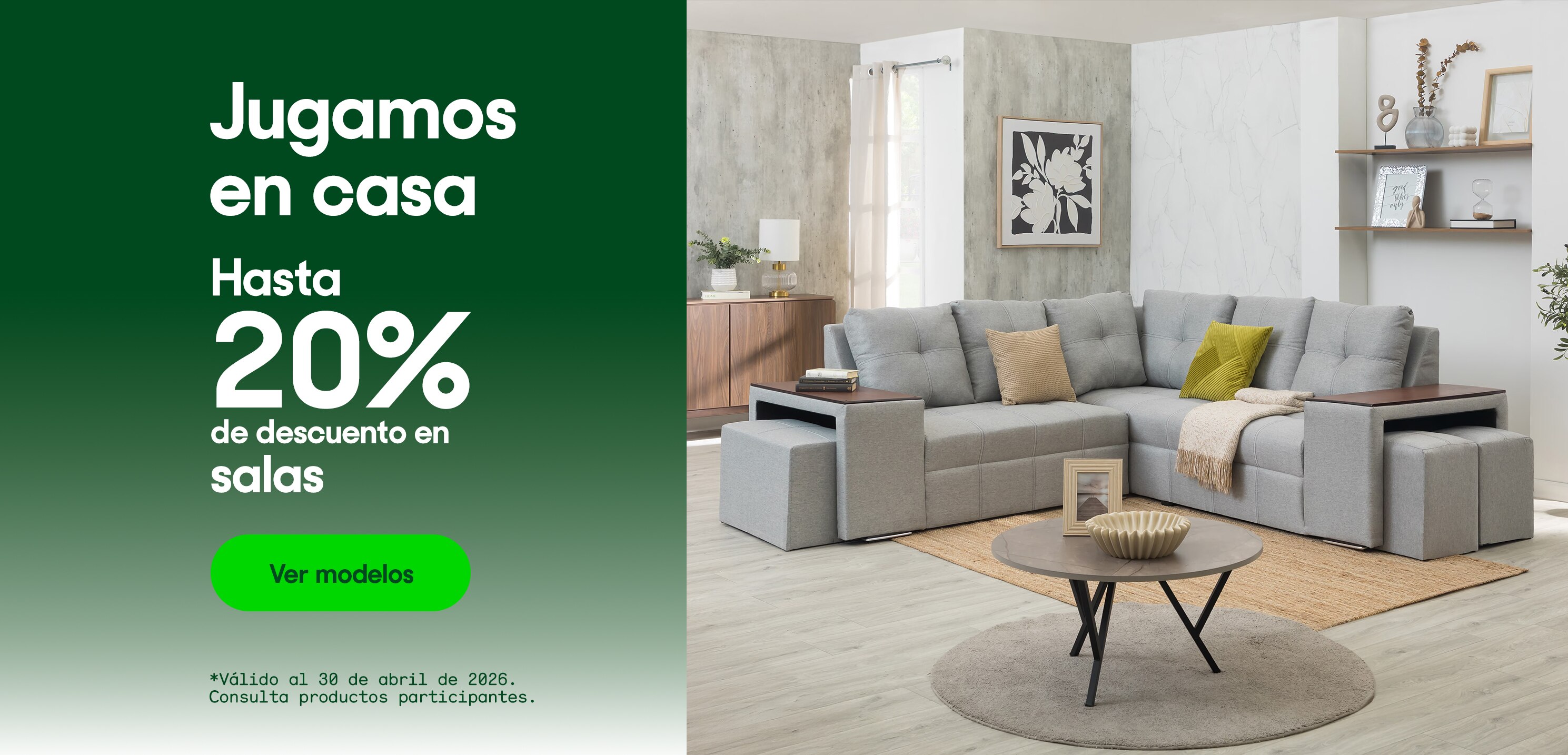 Jugamos en casa. Hasta 20% de descuento en salas. *Válido al 30 de abril de 2026. Pulsa aquí para ver más.
