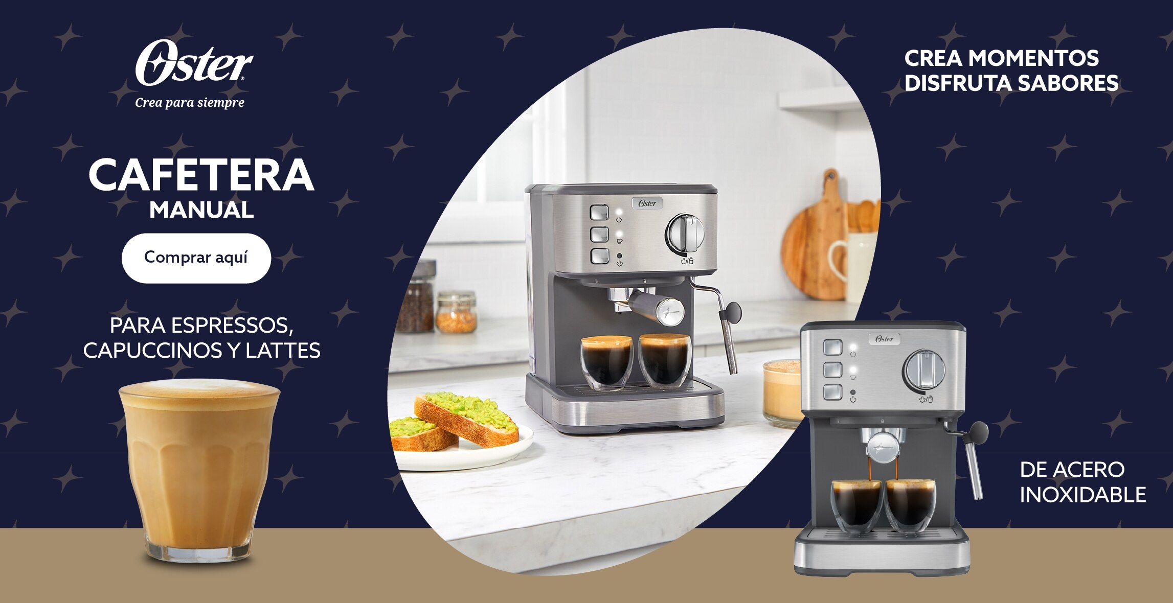 Oster. Crea para siempre. Cafetera manual para espressos cappuccinos y lattes. Crea momentos, disfruta sabores. De acero inoxidable. Pulsa aquí para comprar la tuya.