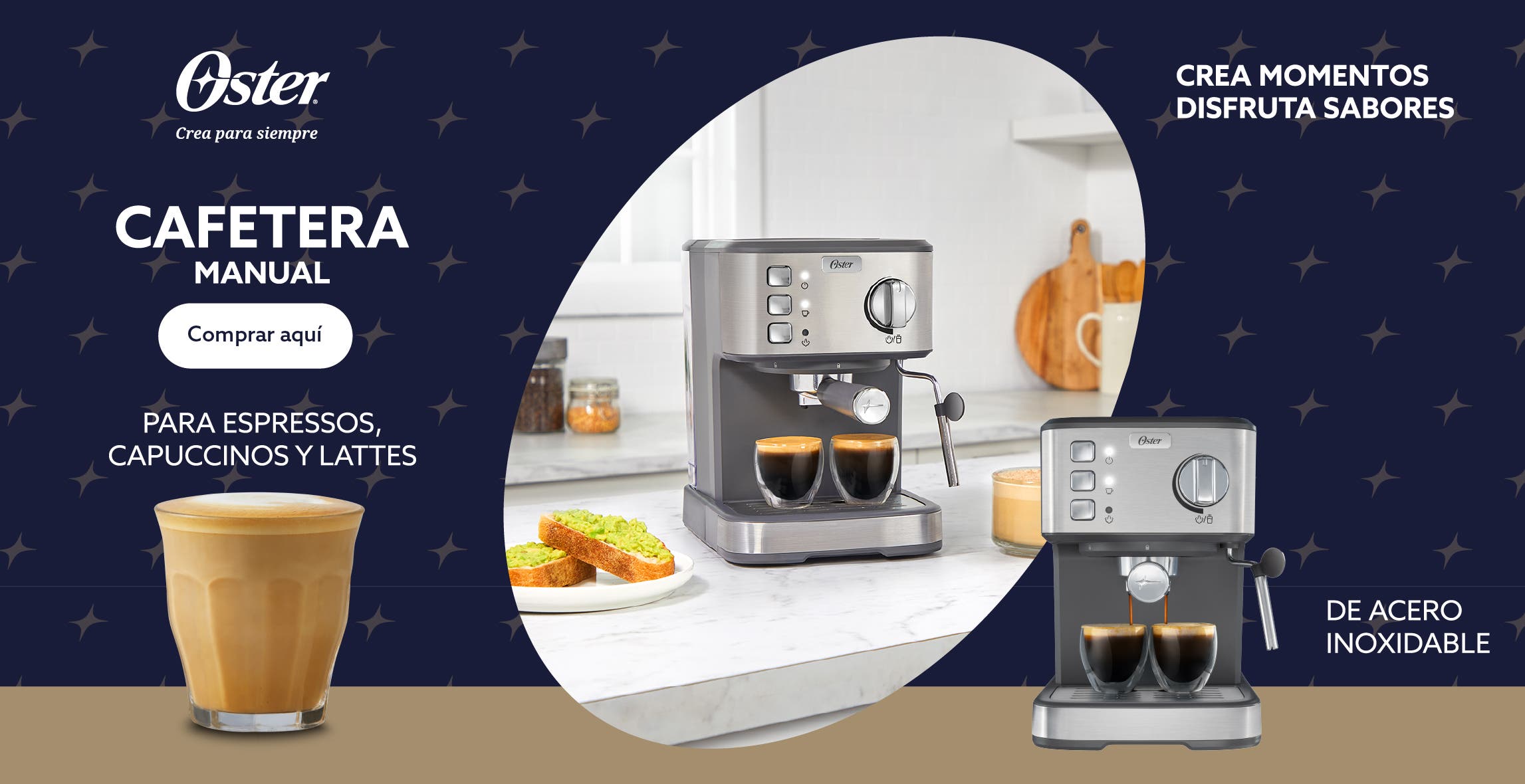 Oster. Crea para siempre. Cafetera manual para espressos cappuccinos y lattes. Crea momentos, disfruta sabores. De acero inoxidable. Pulsa aquí para comprar la tuya.