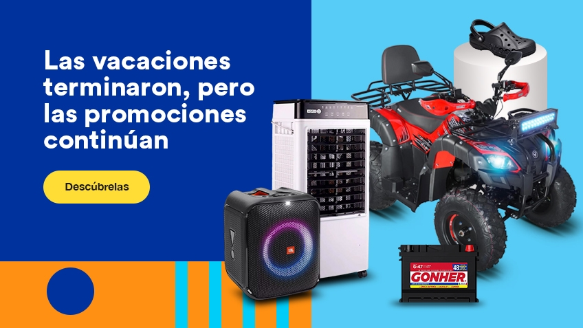 Composición de cuatrimoto, bocina, batería para auto, cooler y una sandalia. Las vacaciones terminaron, pero siguen las ofertas.