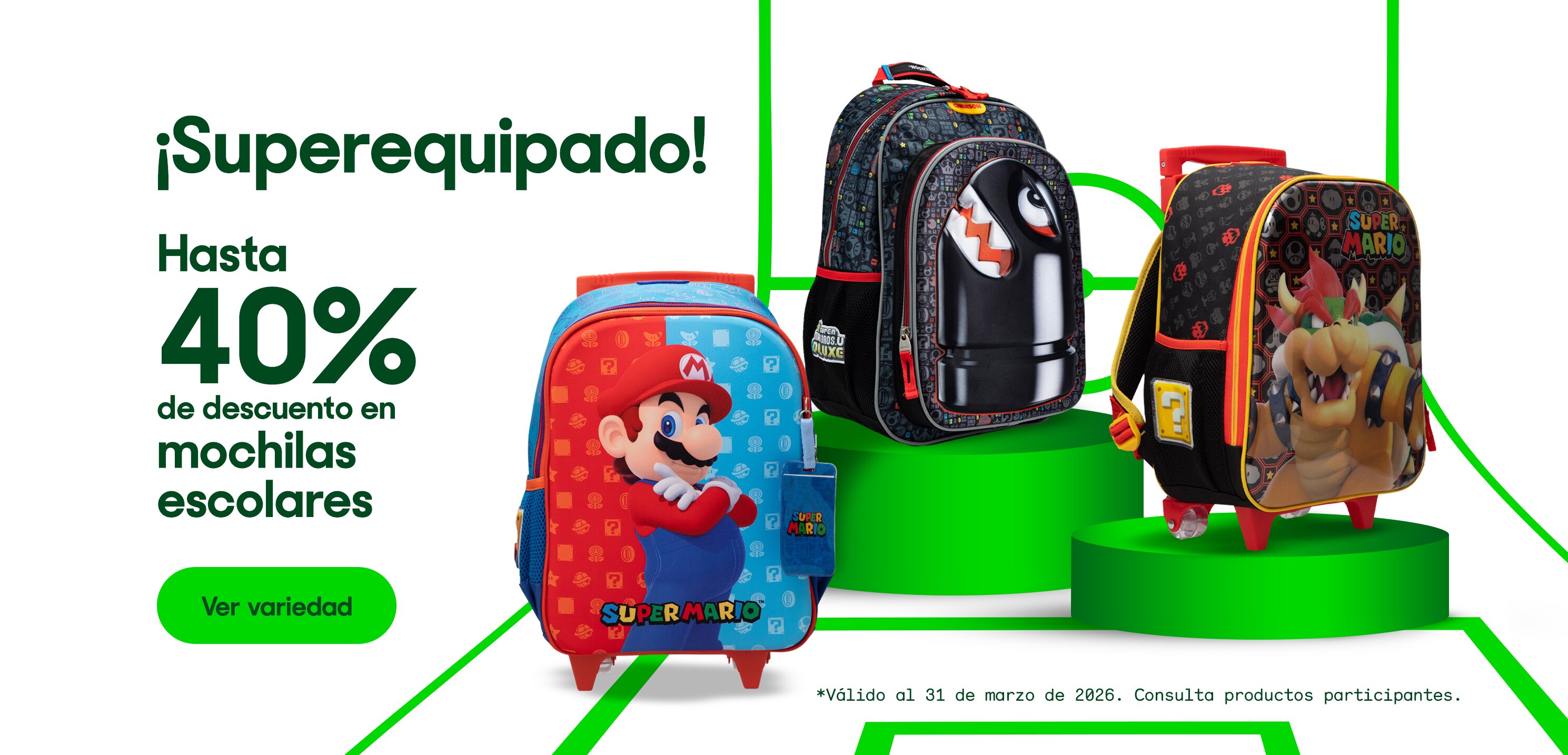 ¡Superequipado!. Hasta 40% de descuento en mochilas escolares. *Válido al 31 de marzo de 2026. Pulsa aquí para ver más
