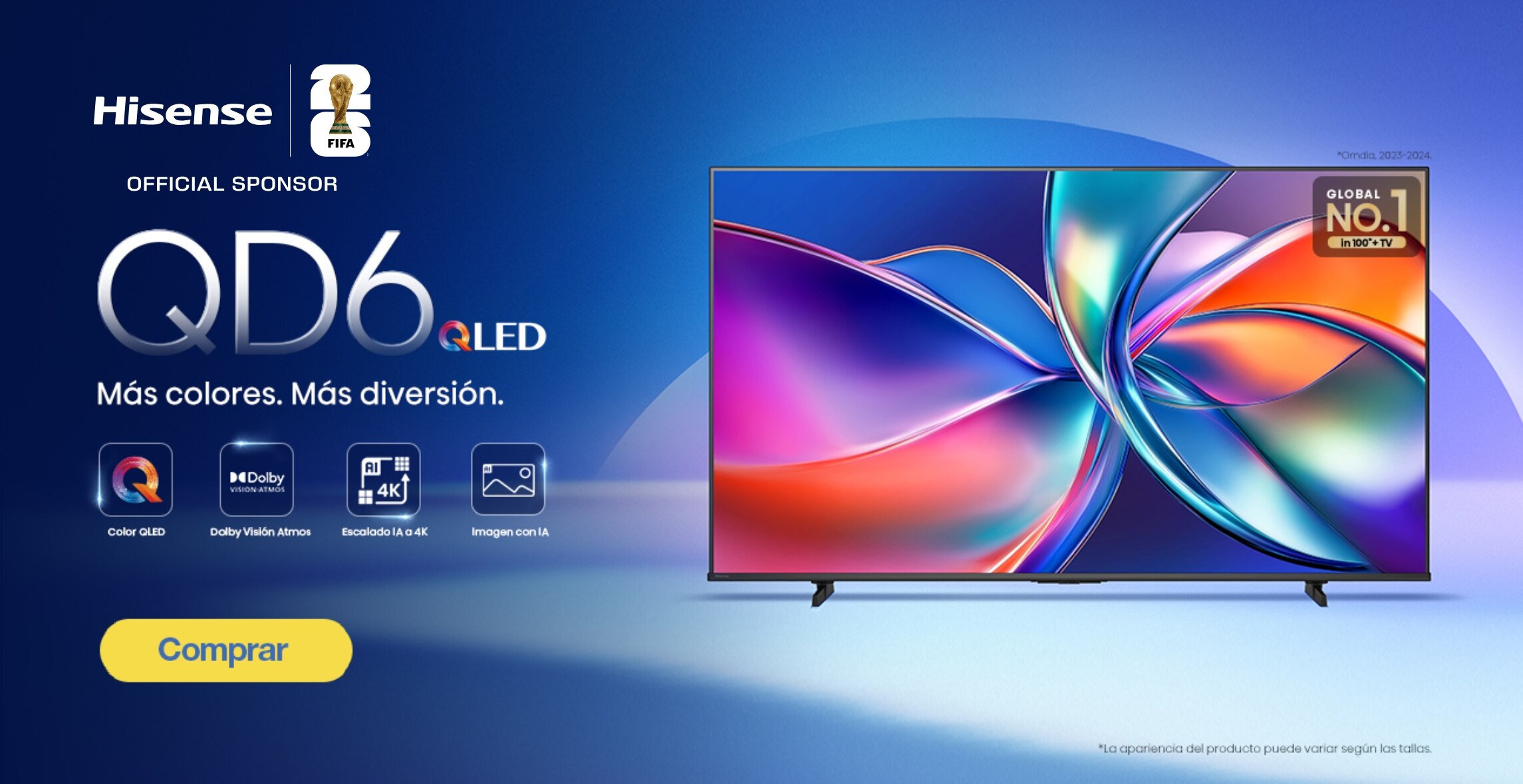 Hisense. Pantalla QD6 QLED. Color OLED, Dolby Vision Atmos, escalado IA a 4K e imagen con inteligencia artificial. Pulsa aquí para comprar.
