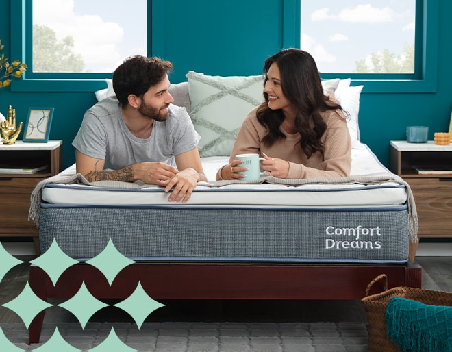 Comfort Dreams. Pareja disfrutando de un colchón matrimonial. Pulsa aquí para ver más modelos de la marca.