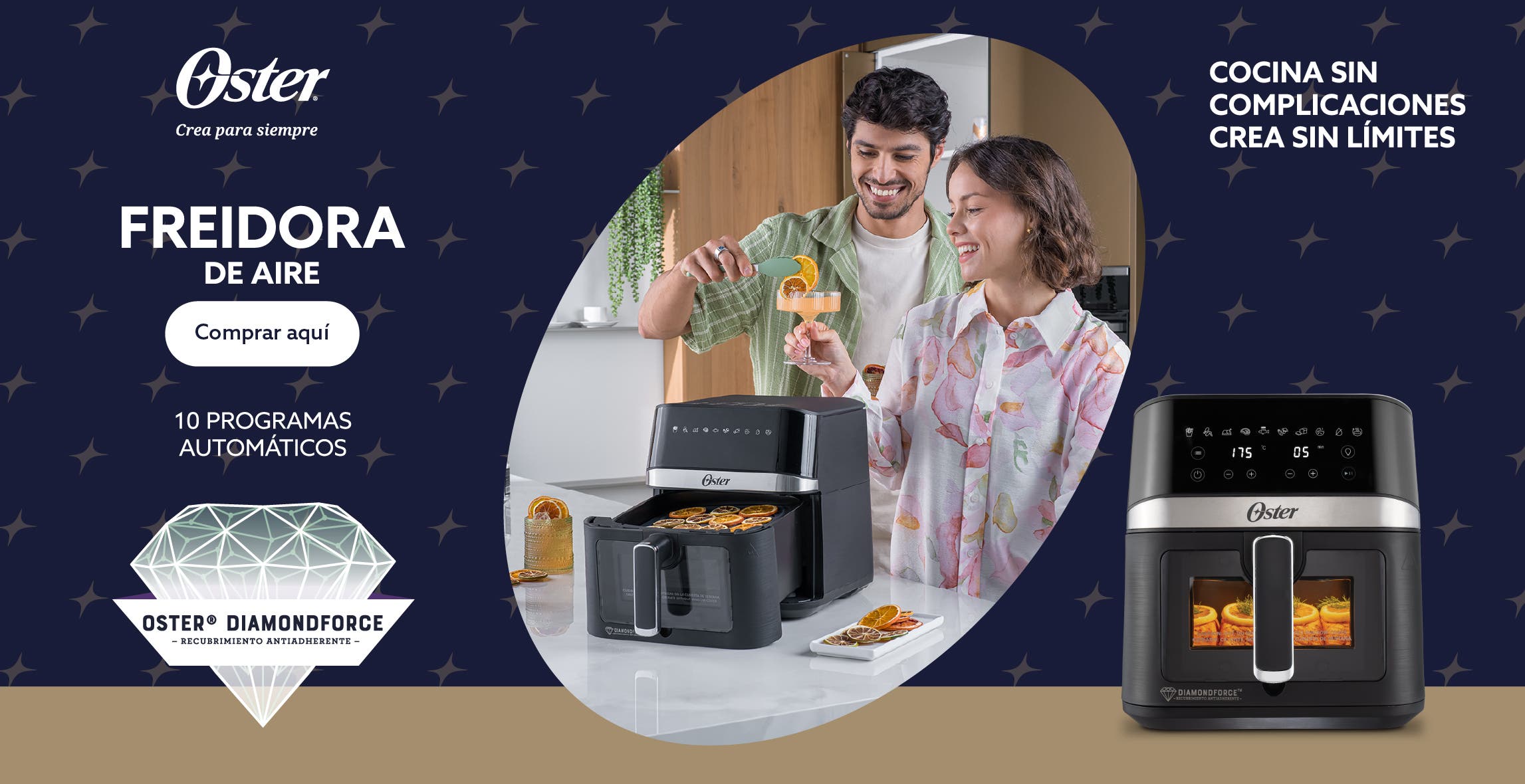 Oster. Crea para siempre. Freidora de aire. 10 programas automáticos. Oster Diamond Force recubrimiento antiadherente. Cocina sin complicaciones, crea sin límites. Pulsa aquí para comprar la tuya.