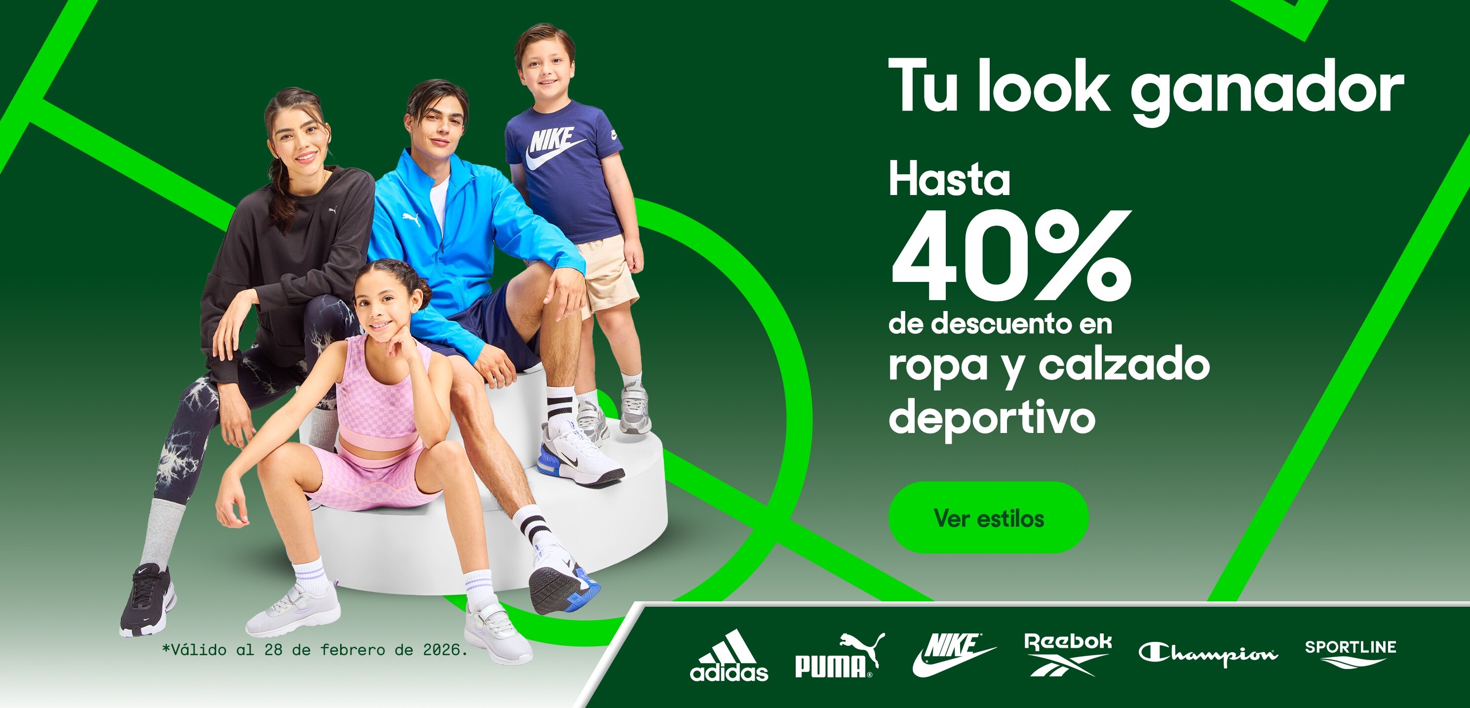 Tu look ganador. Hasta 40 por ciento de descuento en ropa y calzado deportivo. Válido al 28 de febrero de 2026. Pulsa aquí para ver estilos.