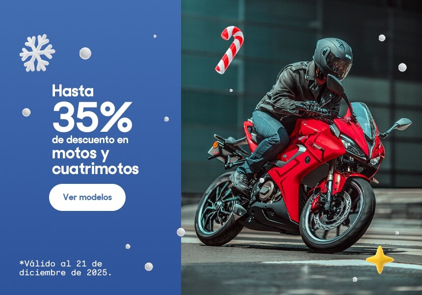 Hasta 35% de descuento en motos y cuatrimotos. Válido al 21 de noviembre de 2025. Pulsa aquí para elegir