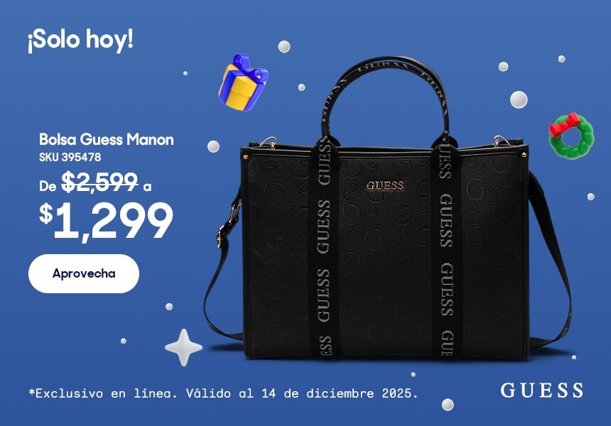 Solo hoy. Bolsa Guess Manon con SKU 395478  de 2 mil 599 pesos a mil 299 pesos. Exclusivo en línea. Válido al 14 de diciembre 2025. Pulsa aquí para aprovechar.