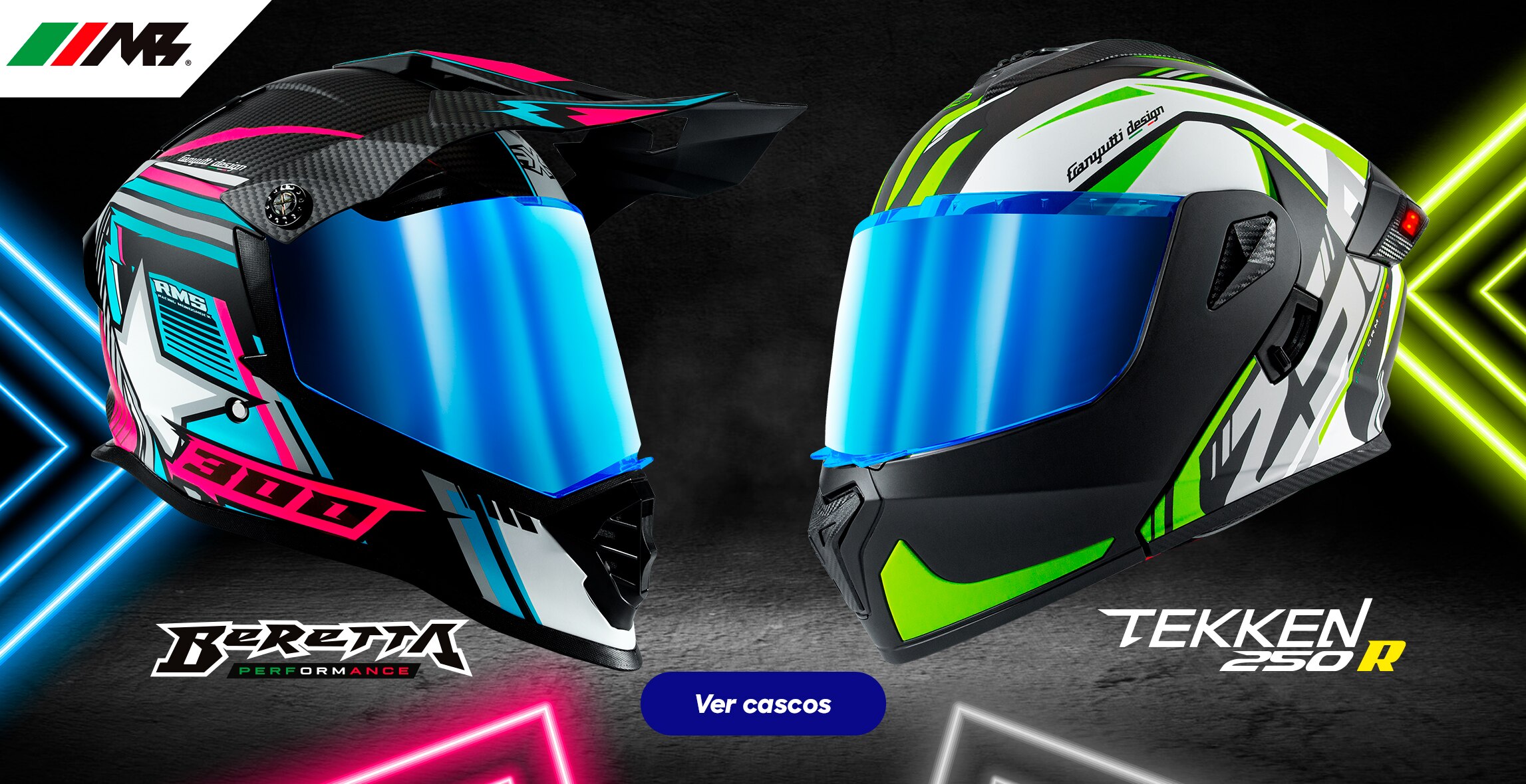 MB Motos. Imágenes de casco MB Beretta 300 y casco MB Tekken 250 R. Pulsa aquí para descubrir más modelos.