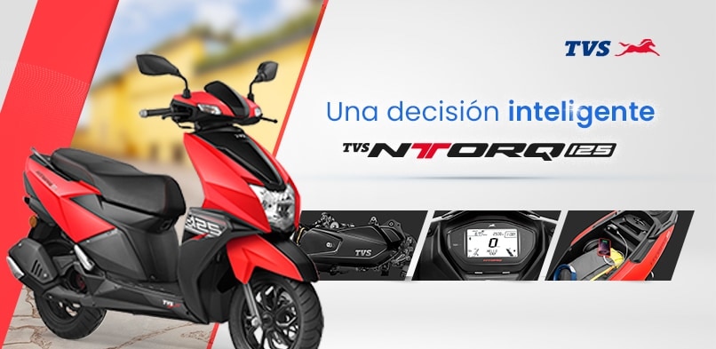 TVS. Una decisión inteligente. Moto modelo NTORQ 125, con motor CVTI 125 de 3 válvulas, velocímetro con bluetooth y cargador USB. Pulsa aquí para comprar la tuya.