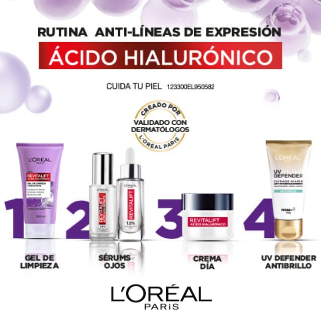 L'Oréal Paris, Revitalift Ácido Hilurónico Rutina Anti-líneas de expresión. Gel de limpieza, Sérums ojos y rostro, Crema de día y Protector Solar UV Defencer. Pulsa aquí para armar tu rutina diaria.