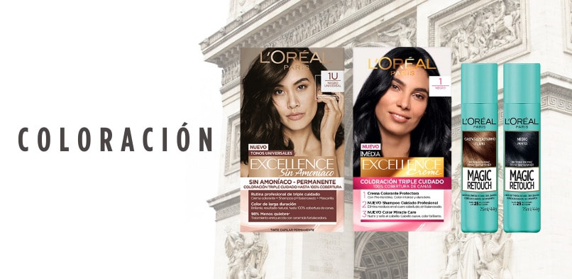 Tinte para cabello Excellence sin amoniaco, tinte Excellence Creme triple cuidado y retocador de raiz spray instantáneo Magic Retouch. Pulsa aquí para ver coloración.