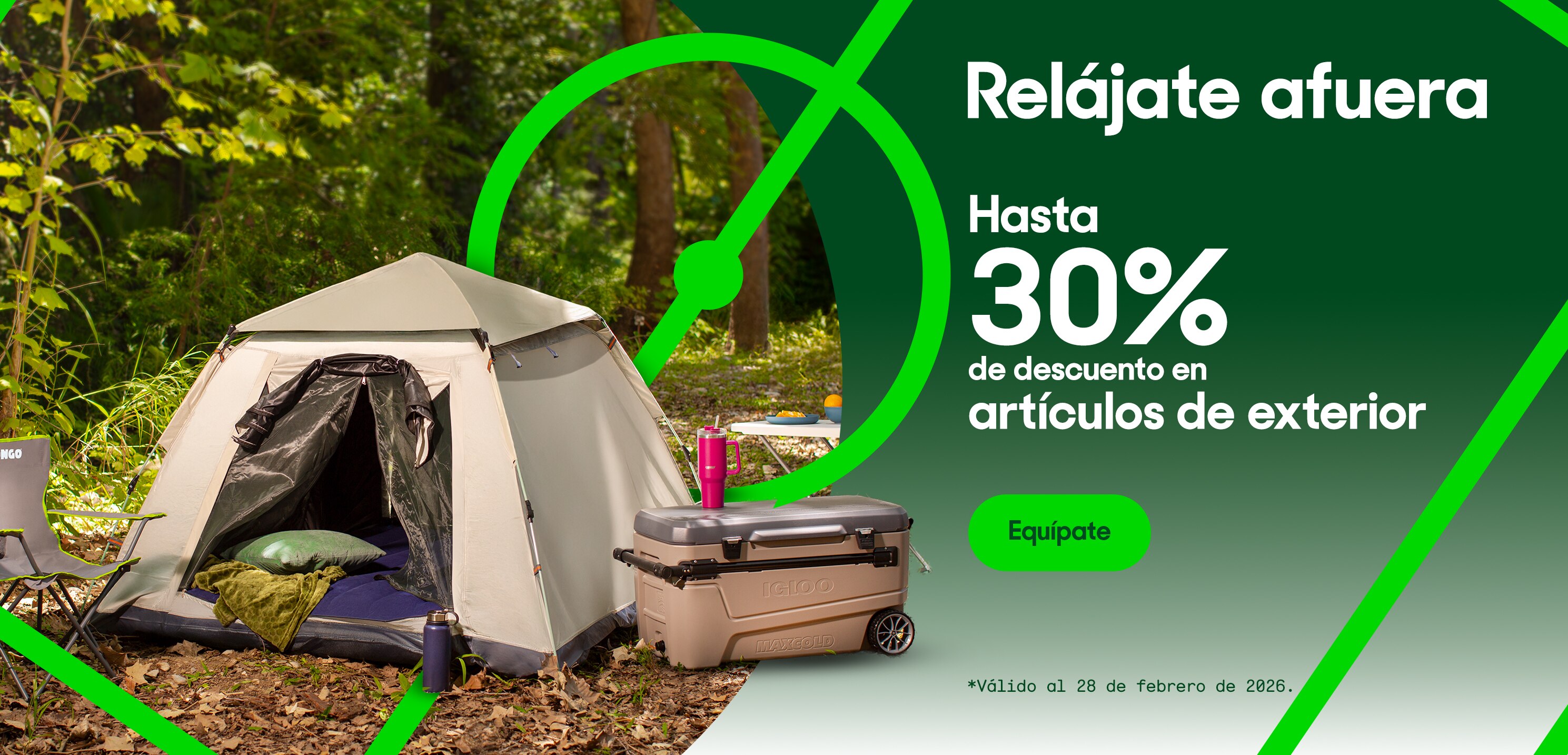 Relájate afuera. Hasta 30 por ciento de descuento en artículos de exterior. Válido al 28 de febrero de 2026. Pulsa aquí para equiparte.