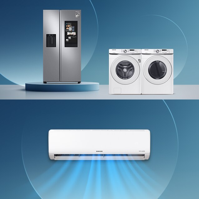 Composición de refrigerador, lavadora y minisplit Samsung. Pulsa aquí para equipar tu casa.