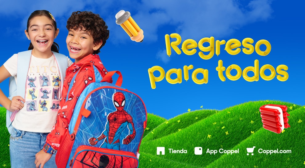 Regreso para todos. Logos de Tienda Coppel, App Coppel y Coppel.com. Pulsa aquí para encontrar artículos para el regreso a clases.