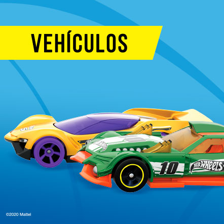 Vehículos. Composición de dos carritos Hot Wheels, uno color amarillo con detalles en color morado y otro de color verde con detalles en color naranja. Pulsa aquí para ver más vehículos Hot Wheels.