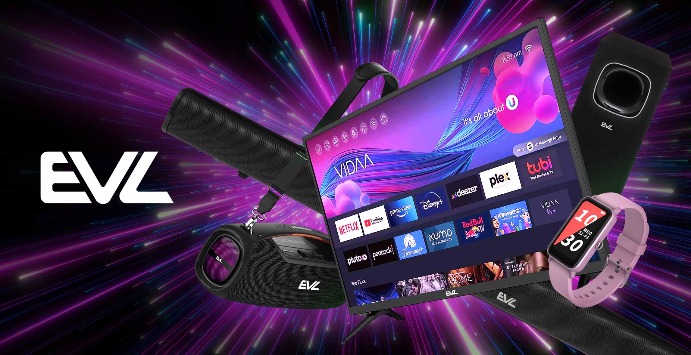 Equipos de sonido, pantallas, smartwatches y más de la marca EVL. Pulsa aquí para comprar. 