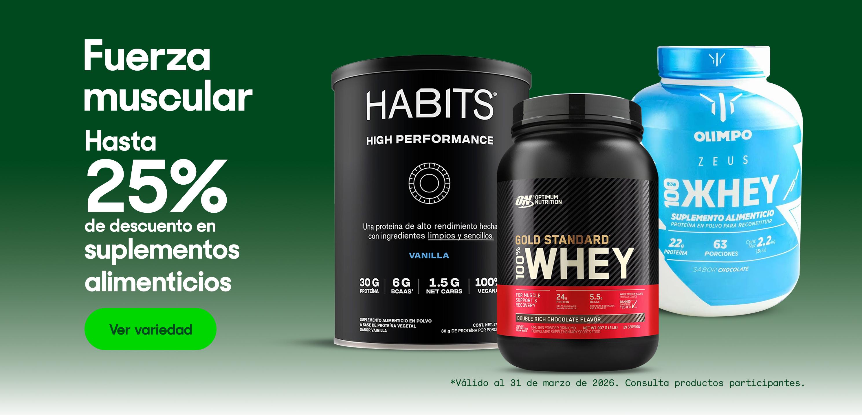 Fuerza muscular. Hasta 25% de descuento en suplementos alimenticios. *Válido al 31 de marzo de 2026. Pulsa aquí para ver más