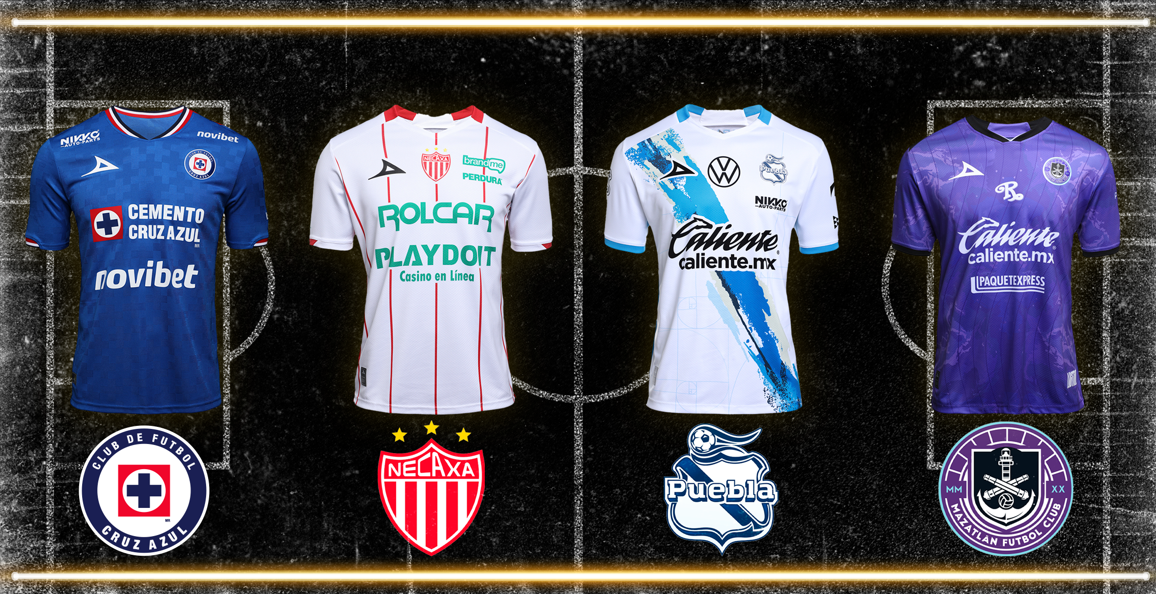 Composición de jersey del Cruz Azul, Necaxa, Puebla y Mazatlán. Pulsa aquí para estrenar el de tu equipo favorito. 