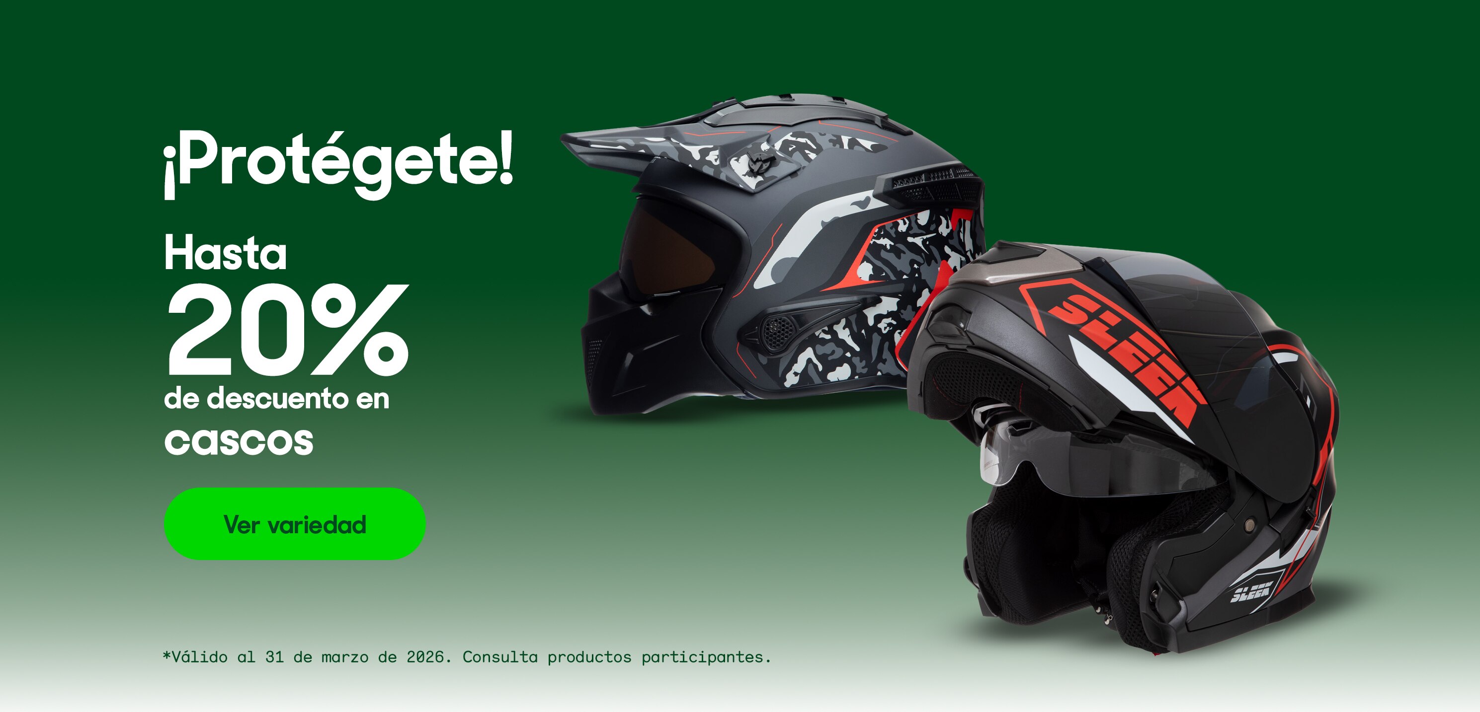 ¡Protégete!. Hasta 20% de descuento en cascos. *Válido al 31 de marzo de 2026. Pulsa aquí para ver más	 	 	 	 	 	 	