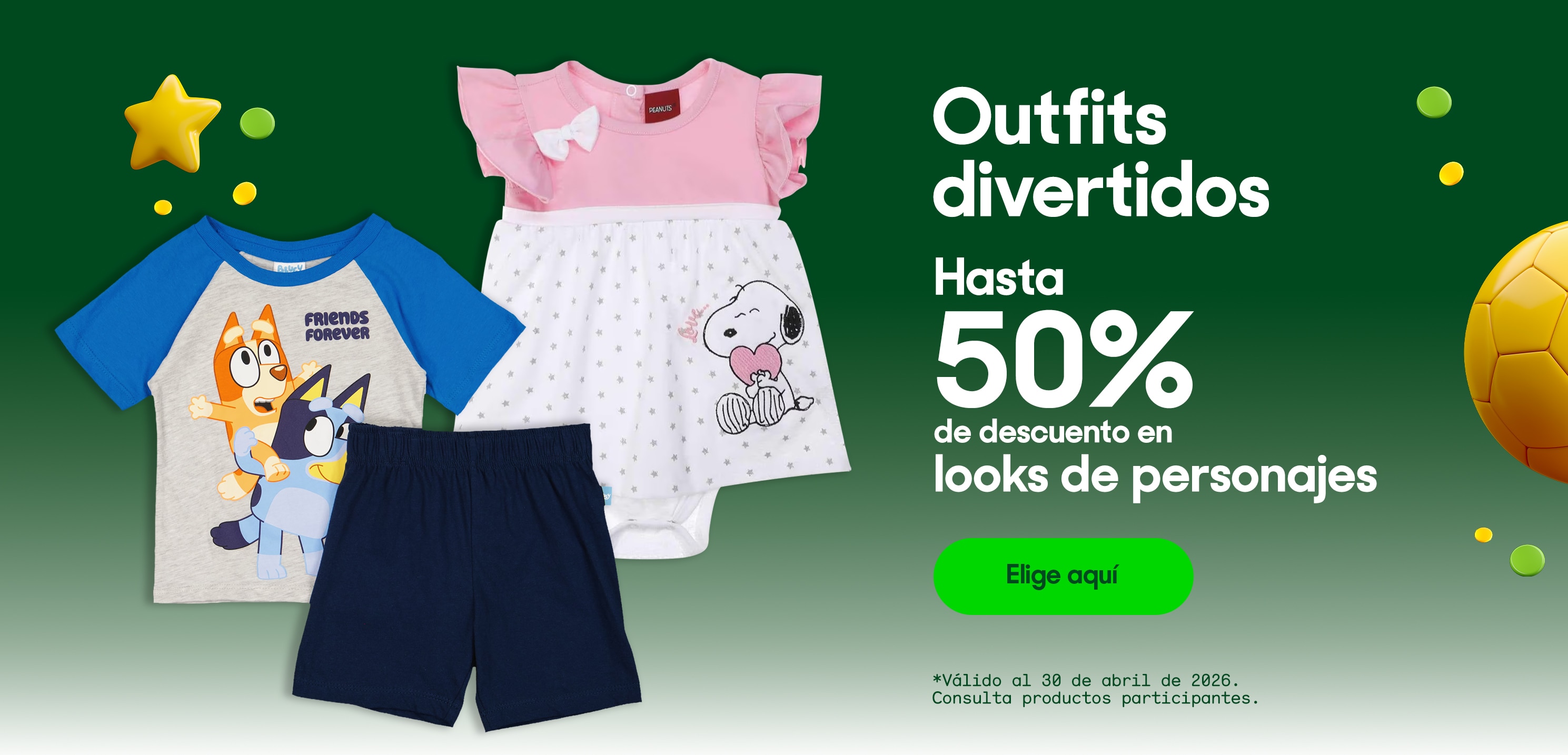 Outfits divertidos. Hasta 50% de descuento en looks de personajes. *Válido al 30 de abril de 2026. Pulsa aquí para ver más