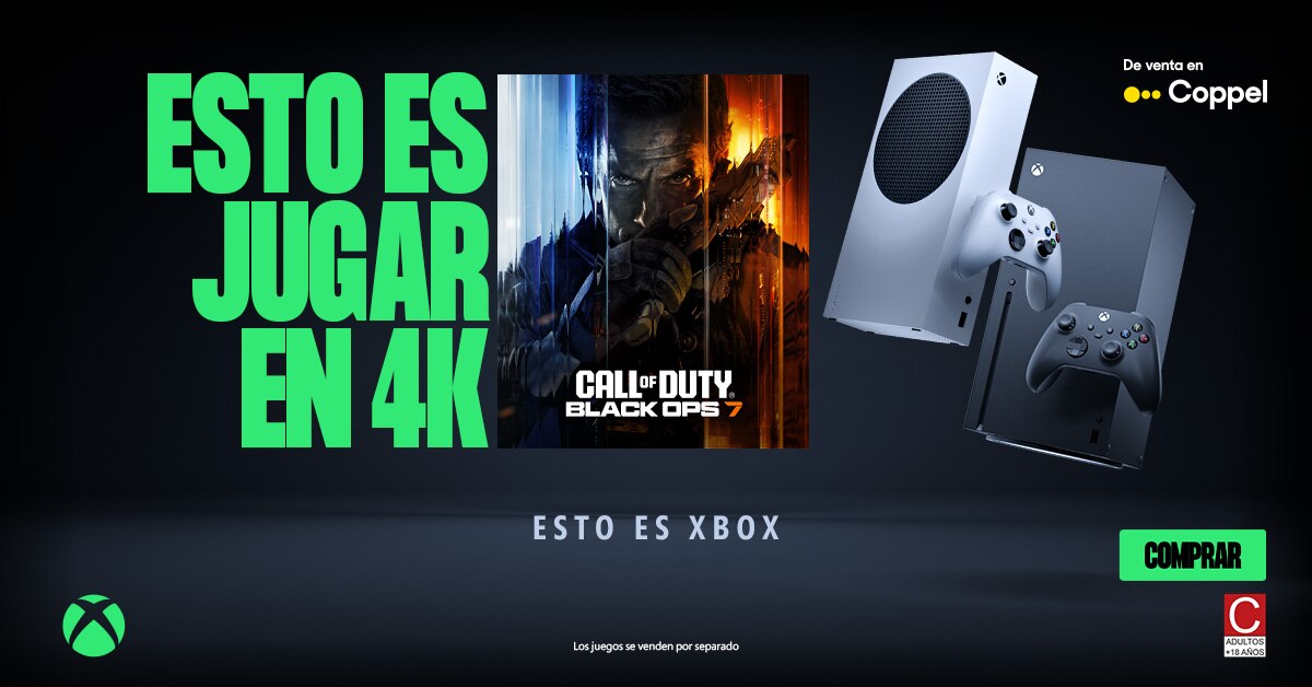 Banner promocional de Xbox con las consolas Xbox Series X y Xbox Series S, sus controles y la portada del videojuego Call of Duty: Black Ops 7. Incluye el texto “Esto es jugar en 4K”, el logotipo de Xbox, indica que el contenido es para mayores de edad y muestra un botón para comprar. Disponible en Coppel.