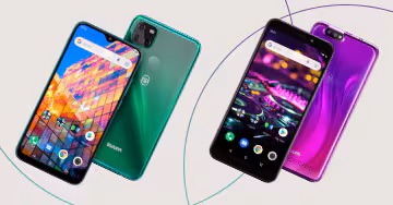 Imagen con dos modelos de celulares zuum mostrados de frente y al reverso.. Uno en color verde y otro en morado