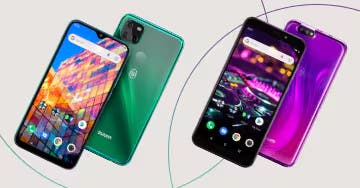 Imagen con dos modelos de celulares zuum mostrados de frente y al reverso.. Uno en color verde y otro en morado