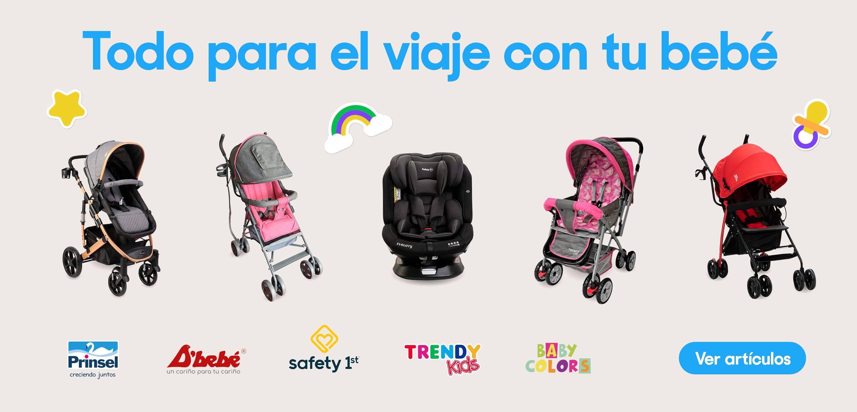 Todo para el viaje con tu bebé. Prinsel. D'bebé. Safety First. Trendy Kids. Baby Colors. Pulsa aquí para ver artículos.