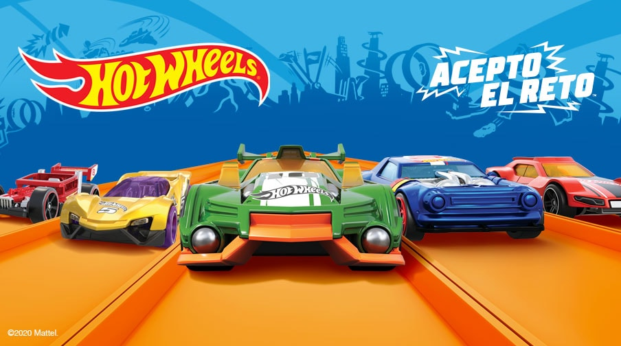 Hot wheels. Acepto el reto. Composición animada de 5 carritos Hot Wheels: un carrito de color rojo con detalles de color gris, otro carrito de color amarillo con detalles en color morado, en el centro un carrito de color verde con detalles en color naranja, un vehículo más en color azul, y por último un carrito en color rojo. Pulsa aquí para ver más vehículos de juguete Hot Wheels.