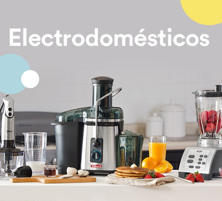 Composición de varios electrodomésticos que incluye licuadoras, extractores, cafeteras y más. Pulsa aquí para equipar tu cocina, abre en pestaña nueva. 