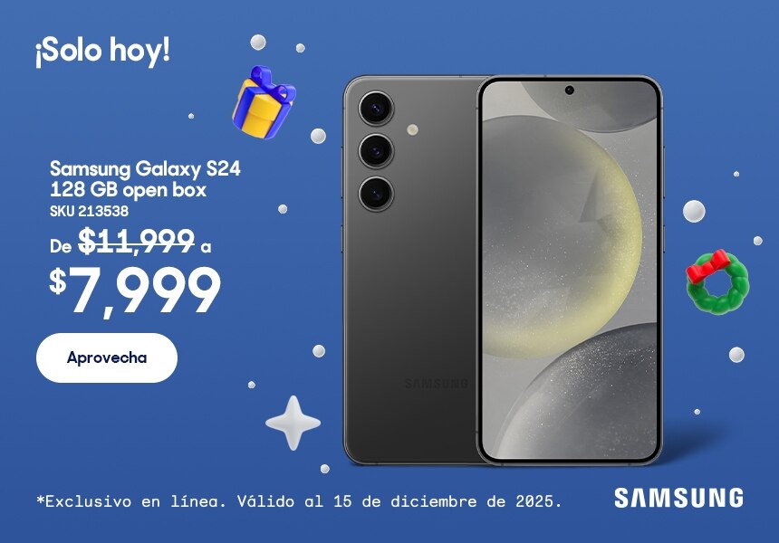 ¡Solo hoy! Celular Samsung Galaxy S24 128 GB open box, con SKU 213538, de 11 mil 999 pesos a 7 mil 999 pesos. Exclusivo en línea. Válido al 15 de diciembre de 2025. Pulsa aquí para aprovechar. Abre en pestaña nueva.
