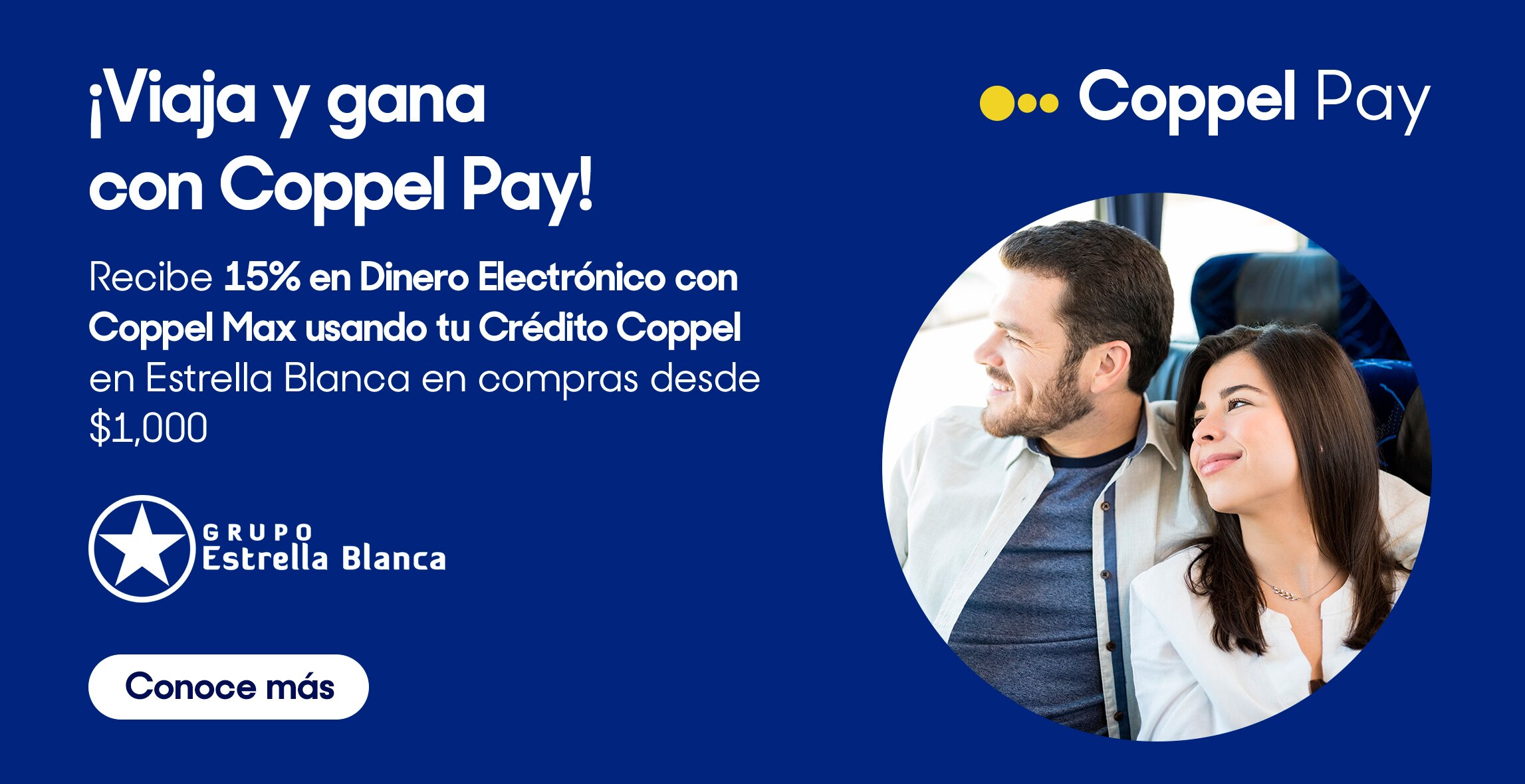 Recibe el 15% de dinero electrónico pagando con tu Crédito Coppel en tus viajes con Estrella Blanca. Da clic aquí y conoce más.