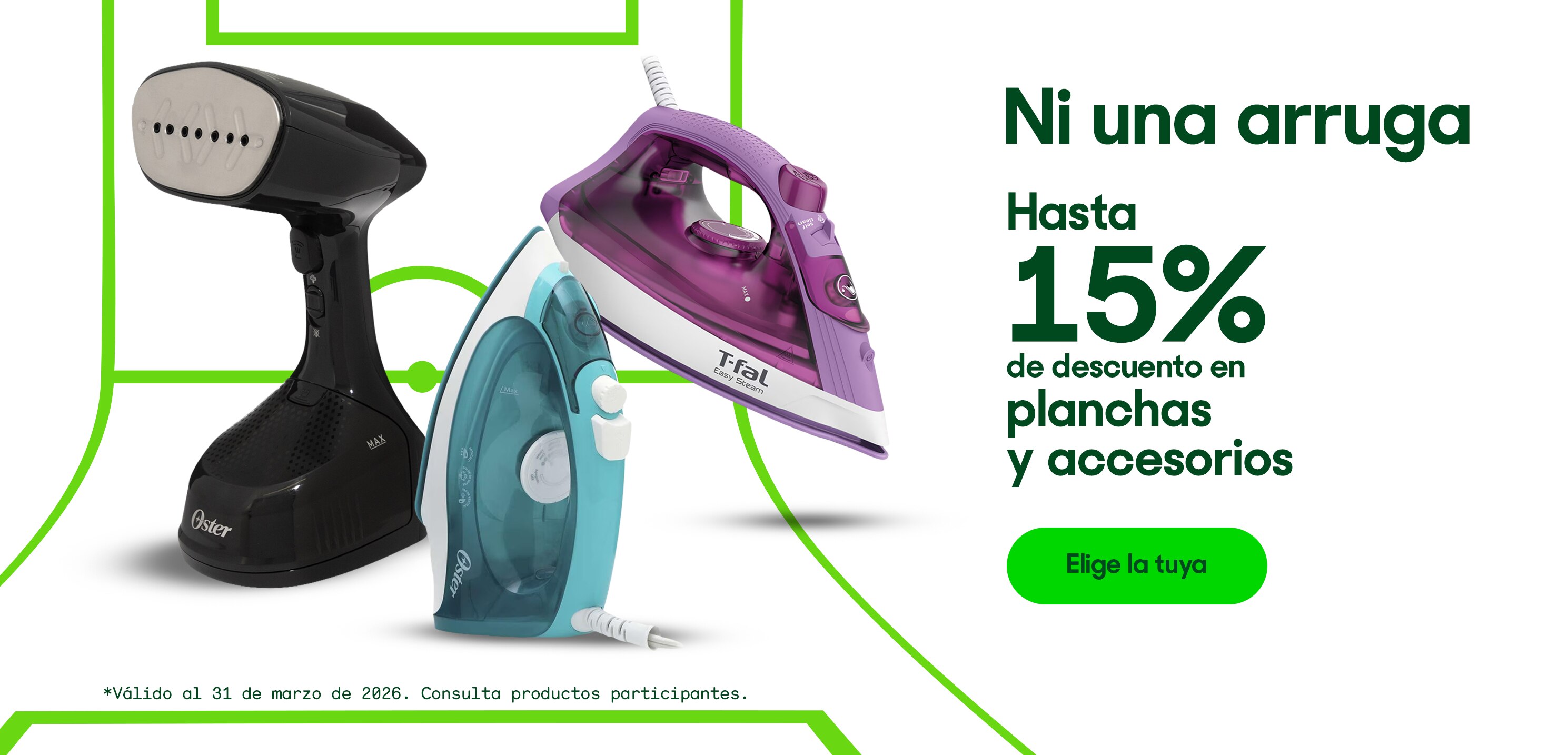 Ni una arruga. Hasta 15% de descuento en planchas y accesorios. Válido al 31 de marzo de 2026. Consulta códigos participantes. Pulsa aquí para elegir.