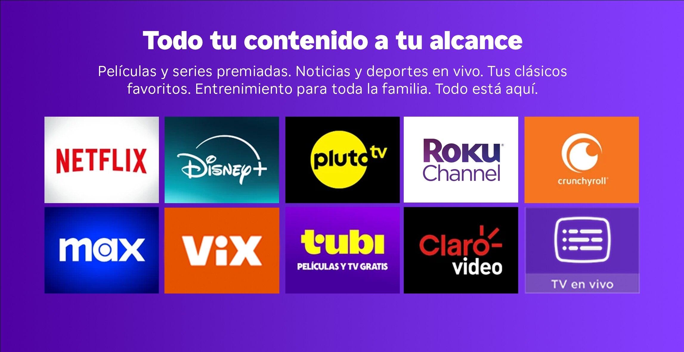 Roku. Todo tu contenido a tu alcance. Películas y series premiadas. Noticias y deportes en vivo. Tus clásicos favoritos. Entretenimiento para toda la familia. Todo está aquí. Pulsa aquí para comprar tu Roku.