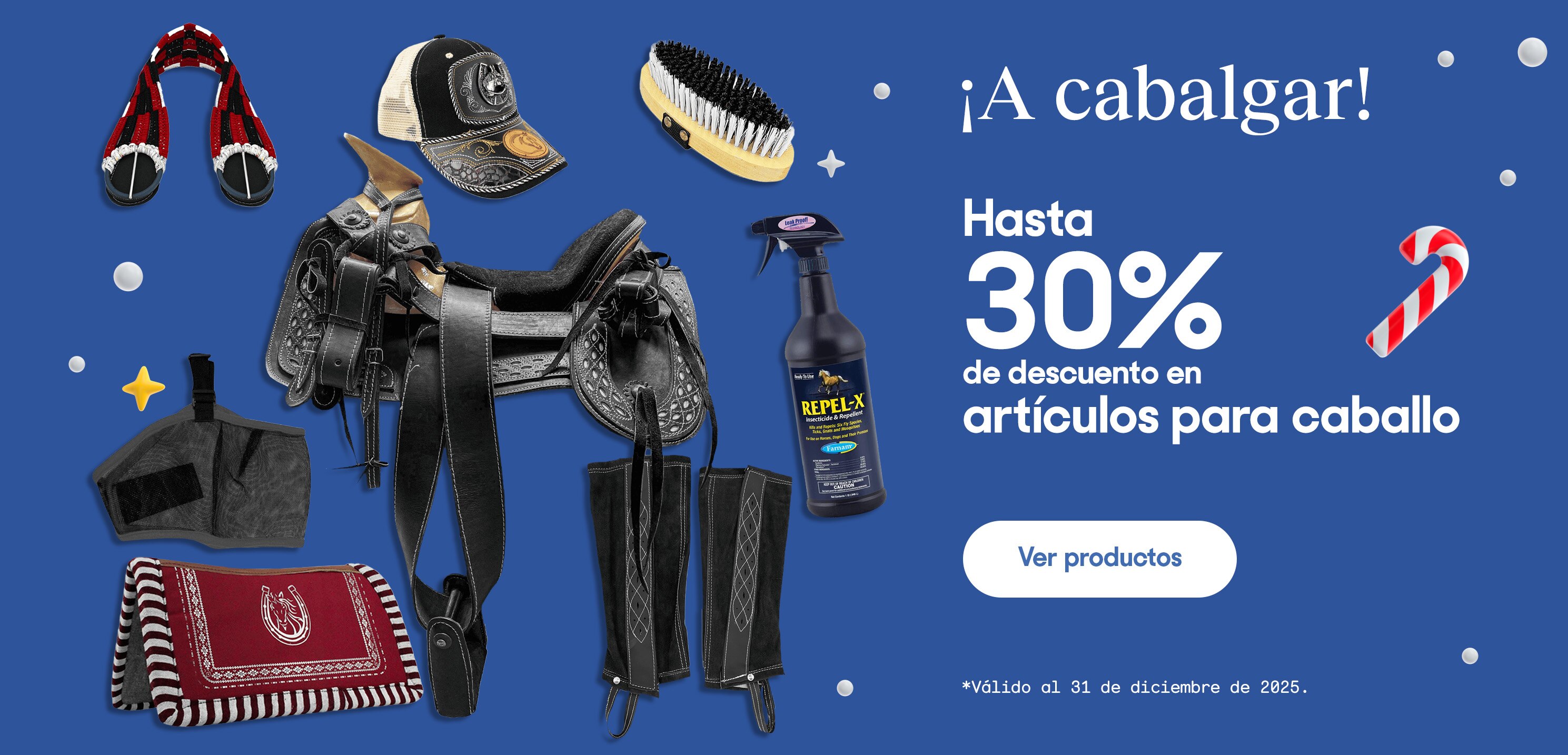 ¡A cabalgar! Hasta 30% por ciento de descuento en artículos para caballo. Válido al 31 de diciembre de 2025. Pulsa aquí para ver productos.