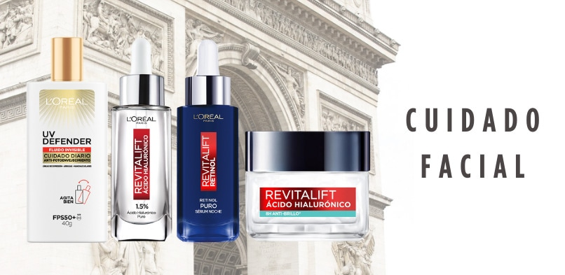 Fluido UV Defender L'Oréal anti-fotoenvejecimiento, Ácido Hilurónico Revitalift L'Oréal y Crema Ácido Hialurónico Revitalift L'Oréal anti-brillo. Pulsa para ver cuidado facial.