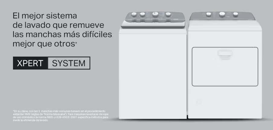 El sistema de lavado que remueve las manchas más difíciles mejor que otros. Xpert System. Composición de una lavadora y una secadora de la marca Whirlpool. Ambas blanca, cuadradas y con perillas en el tablero de controles. Pulsa aquí para ver más.