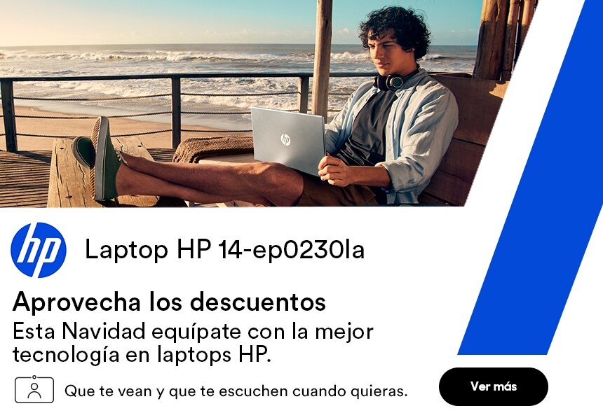 Logo de HP. Laptop Hp 14-ep0230la. Aprovecha los descuentos. Esta Navidad, equípate con la mejor tecnología en laptops HP. Que te vean y que te escuchen cuando quieras. Pulsa aquí para elegir la tuya.