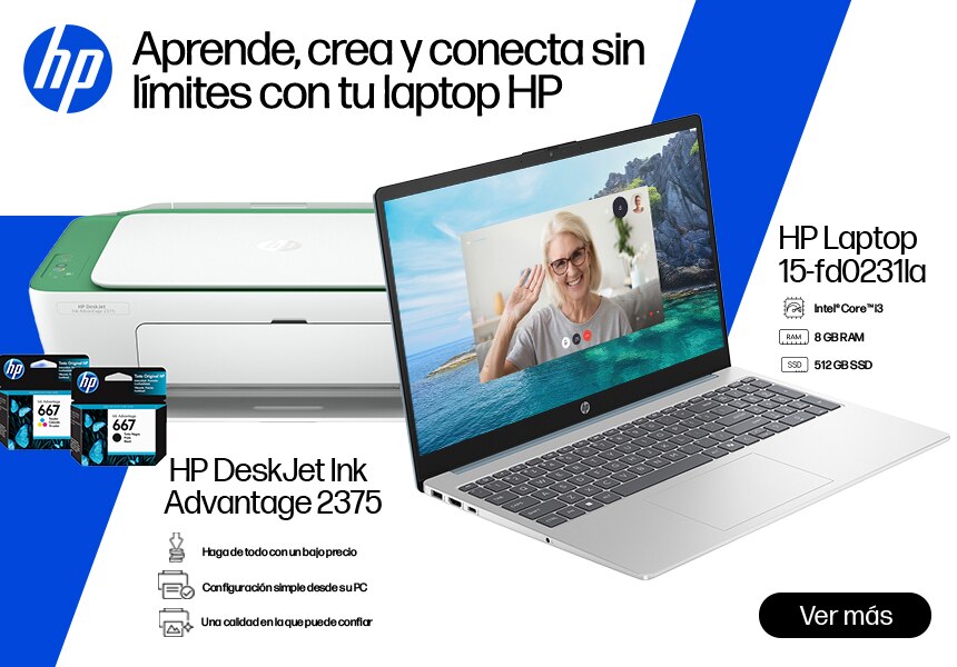 Aprende, crea y conecta sin límites con tu laptop HP. HP Laptop 15-fd0231la, intel core i3, 8GB ram, 512GB SSD. HP Deskjet Ink Advantage 2375, haga de todo con un bajo precio, configuración simple desde tu PC, una calidad en la que puede confiar. Pulsa aquí para ver artículos HP.